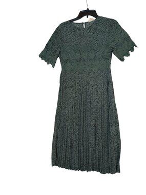 Green Lace Floral Midi Dress With Pleated Skirt & Short Sleeves - Size S Orange